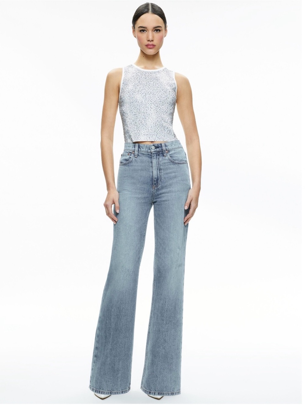Alice + Olivia White Crystal-Embellished Sleeveless Tank